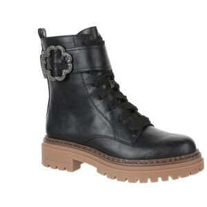 Sam & Libby Black Leather Ankle winter combat Boots with Rhinestone Buckle